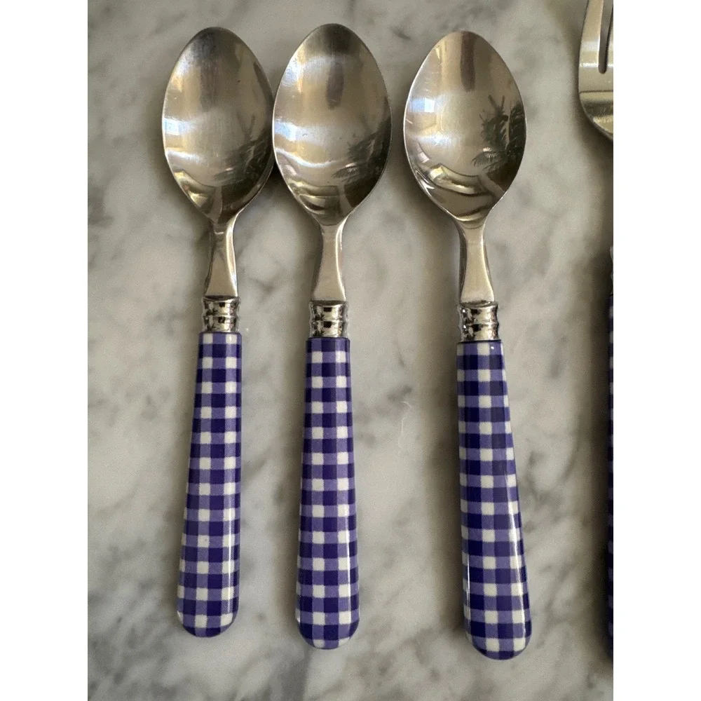 Purple Gingham Flatware Set 11pc Stainless Steel Checkered Knives Forks Spoons